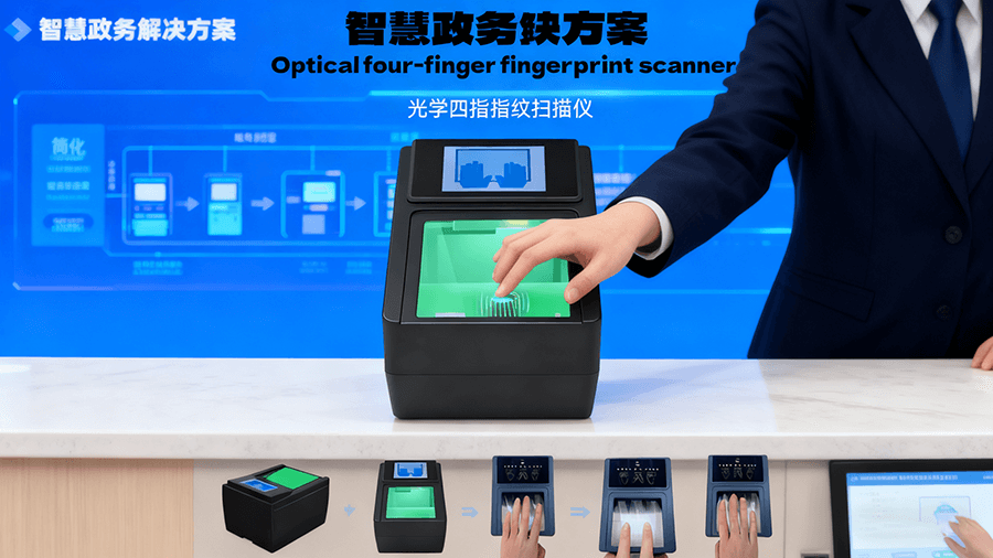 指紋掃描儀在政務(wù)服務(wù)、國(guó)家級(jí)人口建檔、交通樞紐安檢三大場(chǎng)景的應(yīng)用方案總覽，展示設(shè)備在不同場(chǎng)景的部署邏輯與價(jià)值。